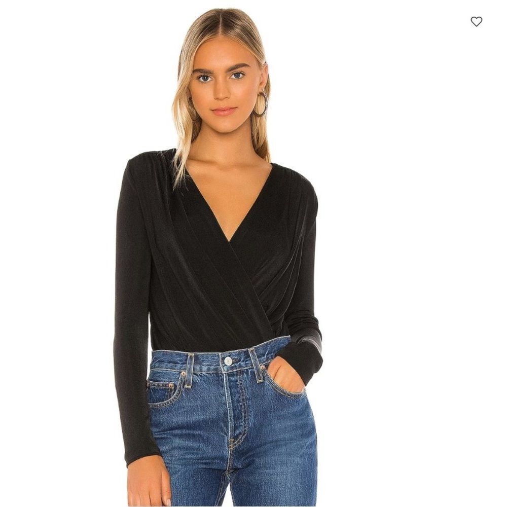 Free People Turnt Surplice-Neck Bodysuit Women's L Black‎ Long Sleeves Pullover
